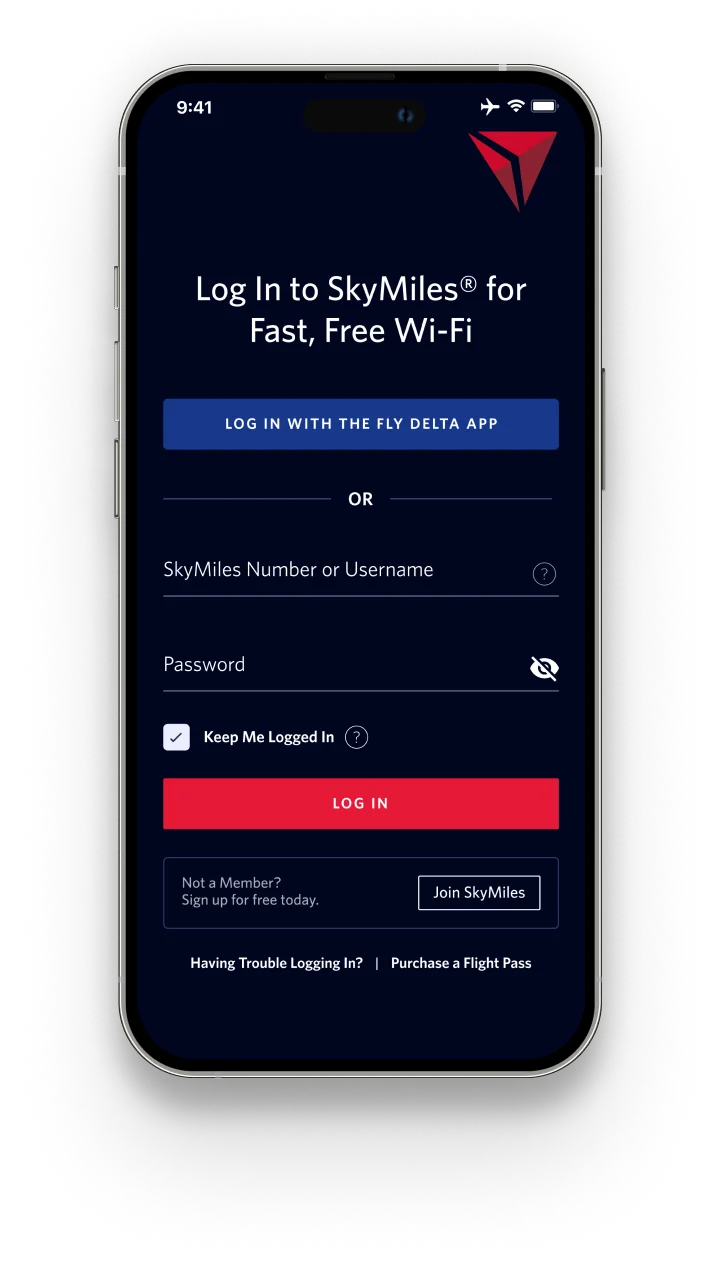 Delta 官方機上 Wi‑Fi 登入畫面,要求乘客用 SkyMiles 帳戶或 Fly Delta app 登入