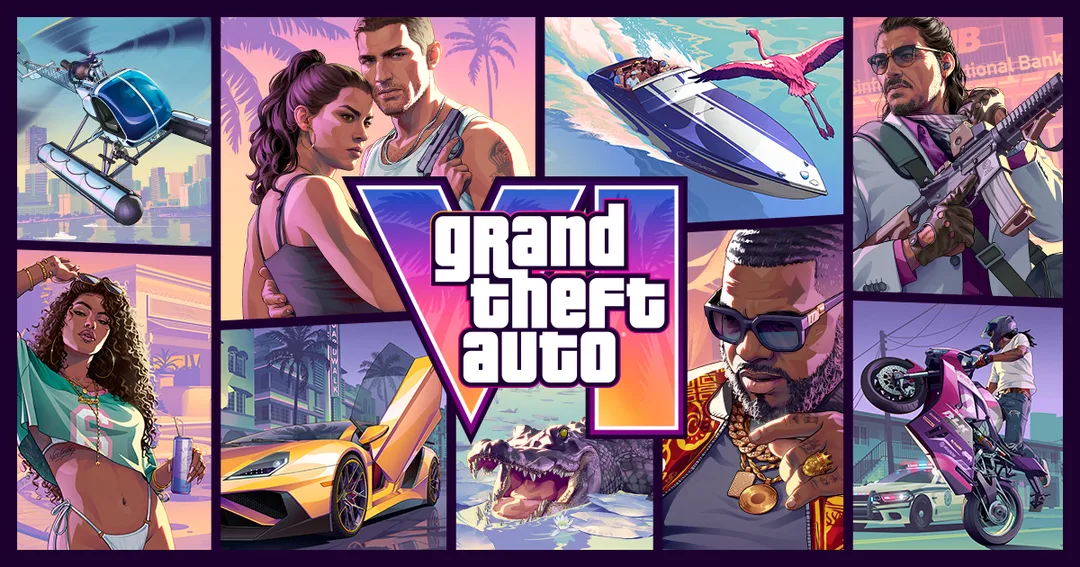 GTA VI 官方主視覺,Jason 同 Lucia 企喺 Vice City 風格背景前