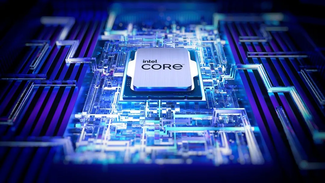 第 13 代 Intel Core 處理器置於藍紫色電路板背景中央