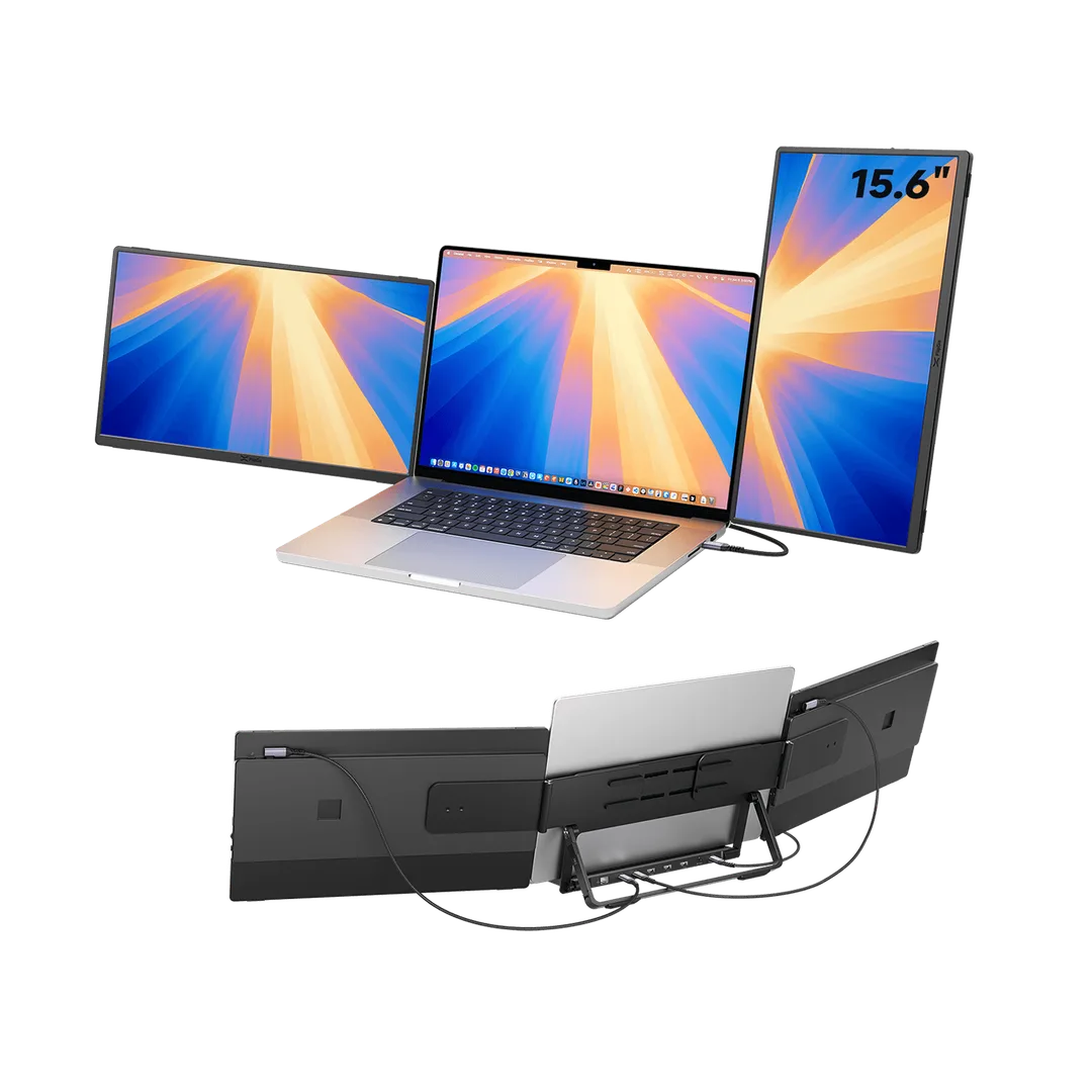 JSAUX FlipGo Horizon Pro 裝喺手提電腦兩邊,組成三屏工作枱