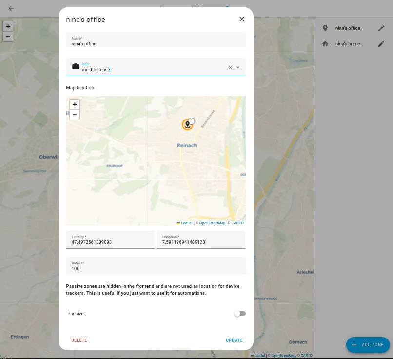 Home Assistant 編輯區域位置同半徑嘅設定畫面