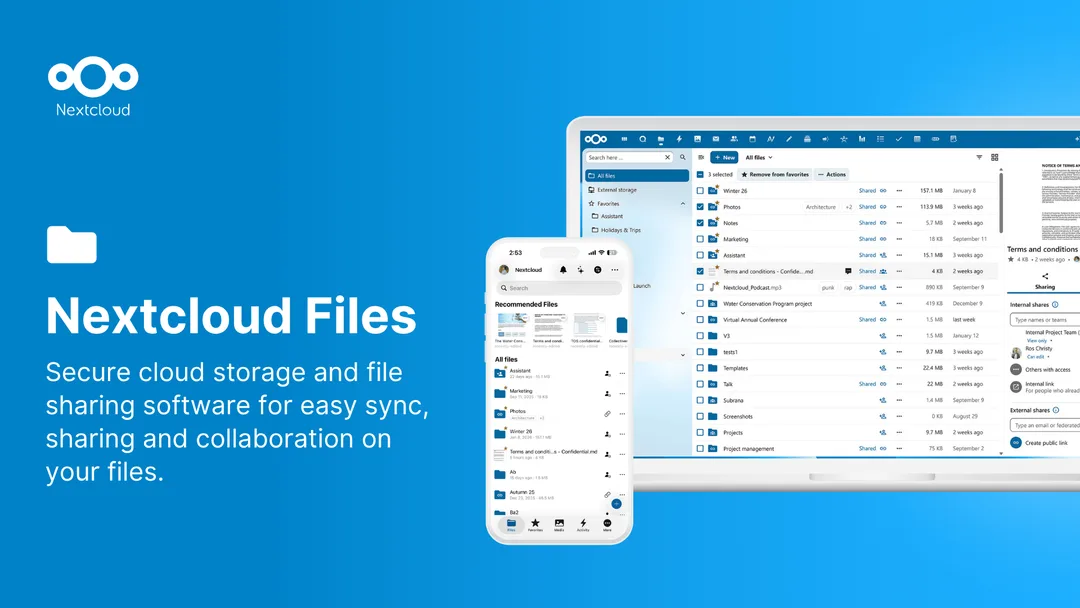 Nextcloud Files 官方介面,展示電腦網頁版同手機 app 嘅檔案同步及分享畫面