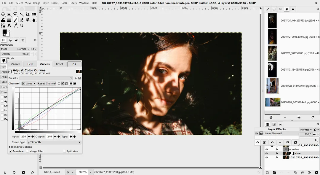 GIMP 3.0 喺相片圖層上套用可重新調校嘅 Curves 非破壞式濾鏡