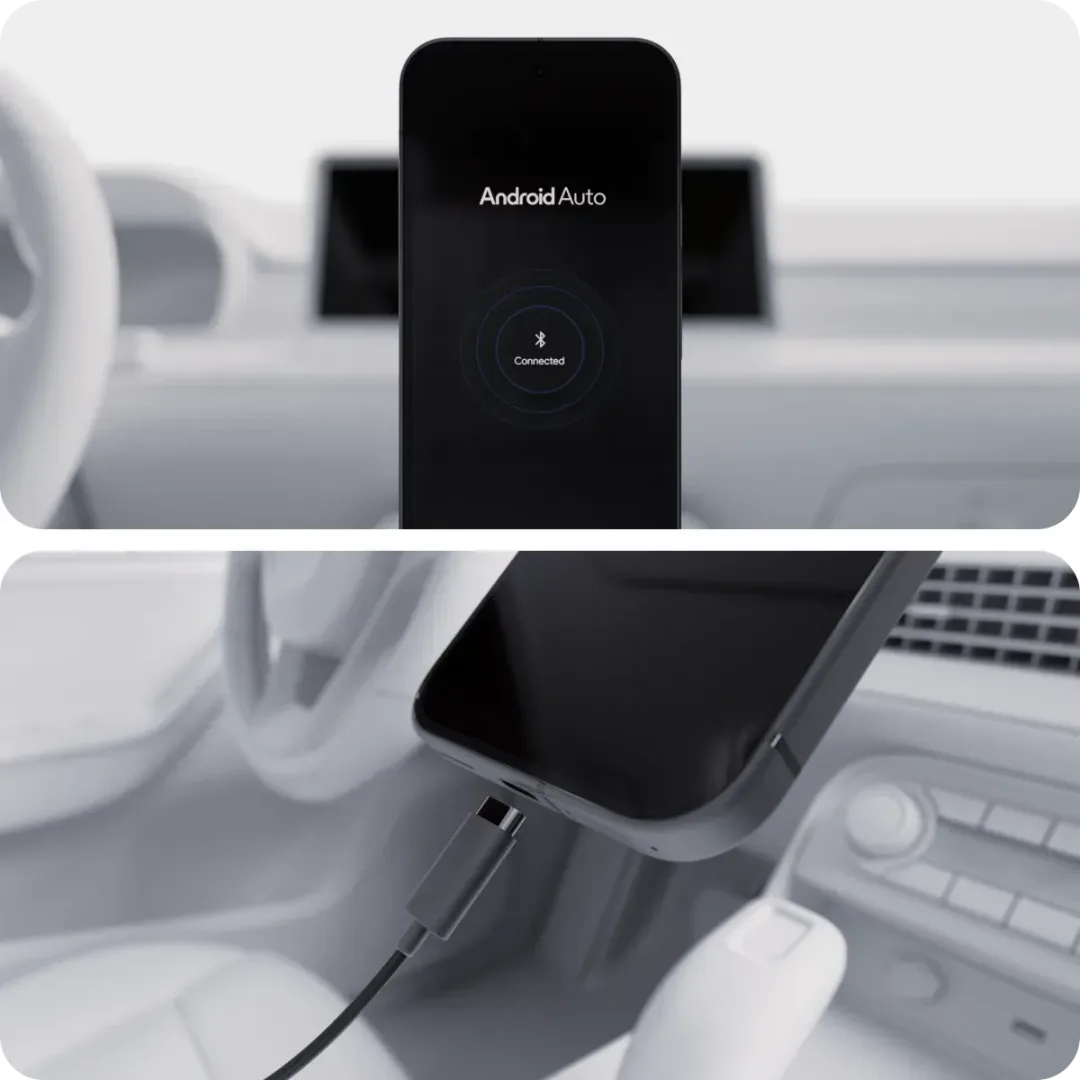 手機用 USB 線連接車機，背景車機畫面正顯示 Android Auto