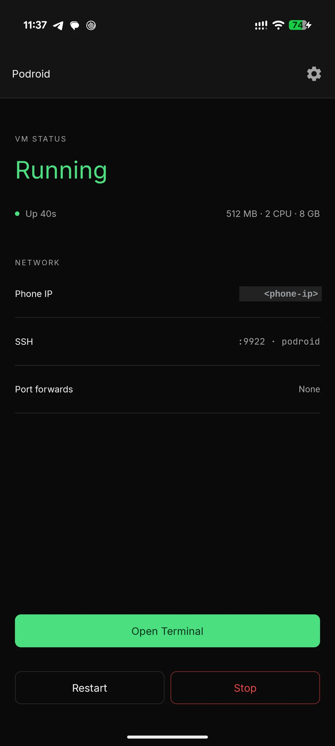 Podroid 喺 Android 手機啟動 Alpine Linux VM 後嘅運行狀態畫面