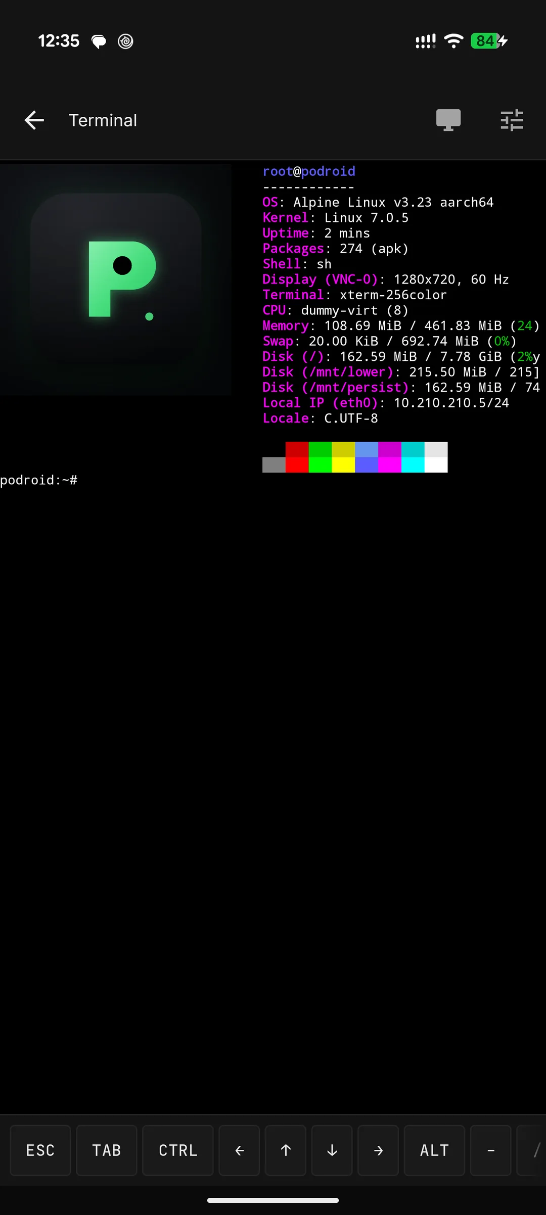Podroid 內建 terminal 顯示 Alpine Linux 系統資料