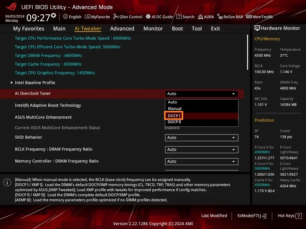 ASUS UEFI BIOS 入面揀選 DOCP 記憶體 profile 嘅畫面