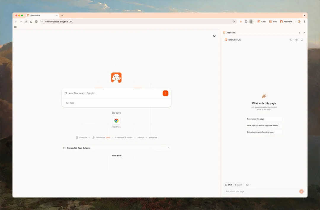BrowserOS 主畫面開住 AI Assistant 側欄,可以直接向而家嘅網頁提問