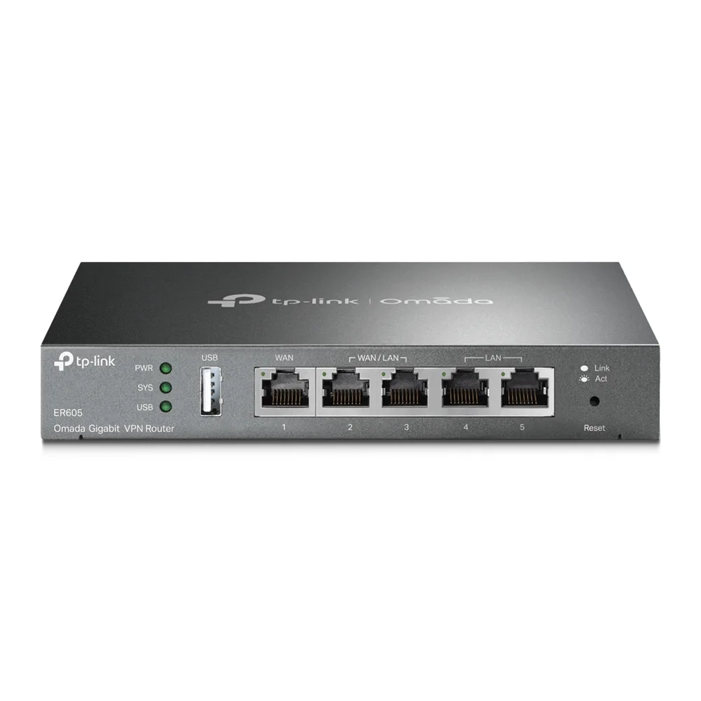 TP-Link ER605 路由器正面，可見 USB、WAN 同兩個可切換 WAN／LAN port
