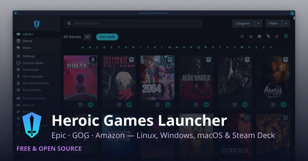 Heroic Games Launcher 遊戲庫介面，支援 Epic、GOG 同 Amazon 遊戲