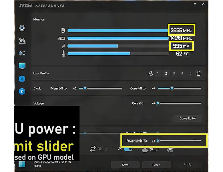 MSI Afterburner 介面示範調低顯示卡 Power Limit 設定