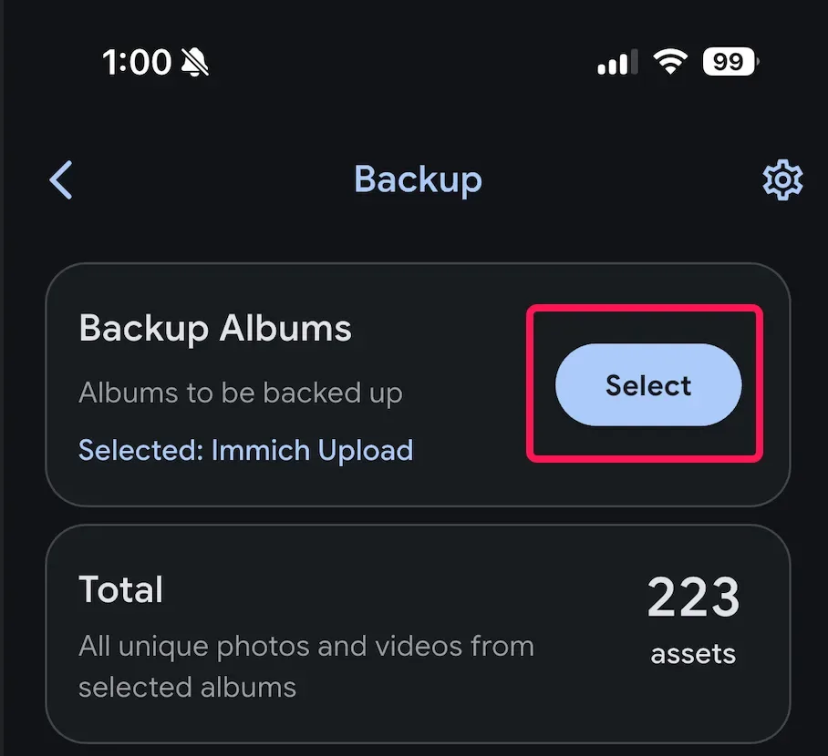 Immich 手機 app 揀選自動備份相簿嘅畫面