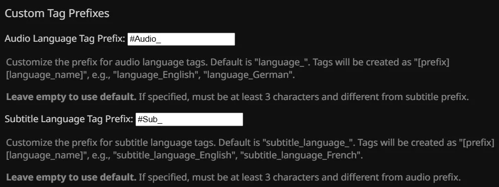 LanguageTags 設定頁，可以分開自訂音軌同字幕語言 tag 前綴