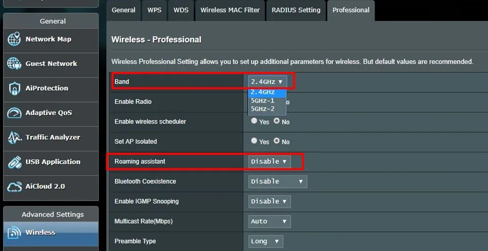 ASUS router Web GUI 嘅 Wireless Professional 頁面,畫面標示頻段選項同 Roaming Assistant 設定