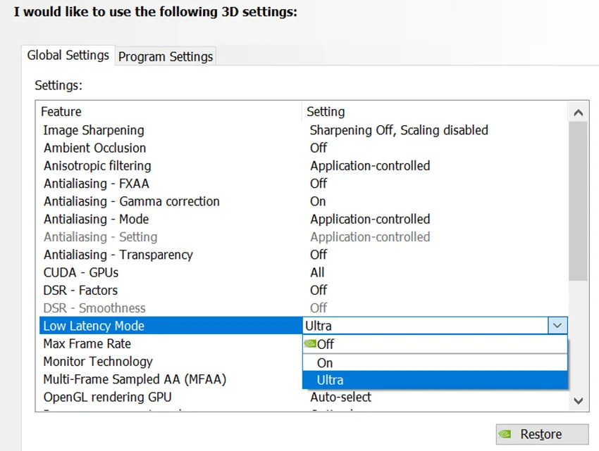 Nvidia Control Panel 入面 Low Latency Mode 嘅 Off、On 同 Ultra 選項