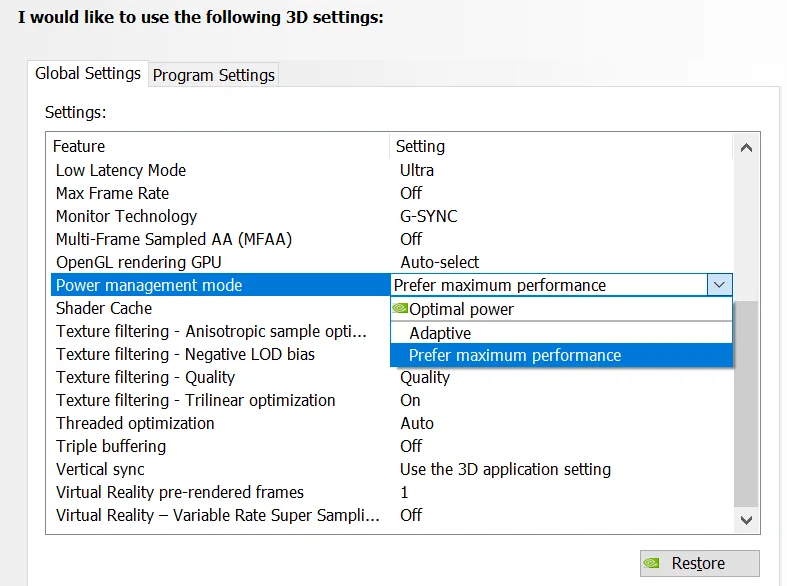 Nvidia Control Panel 電源管理模式選單，顯示最高效能選項