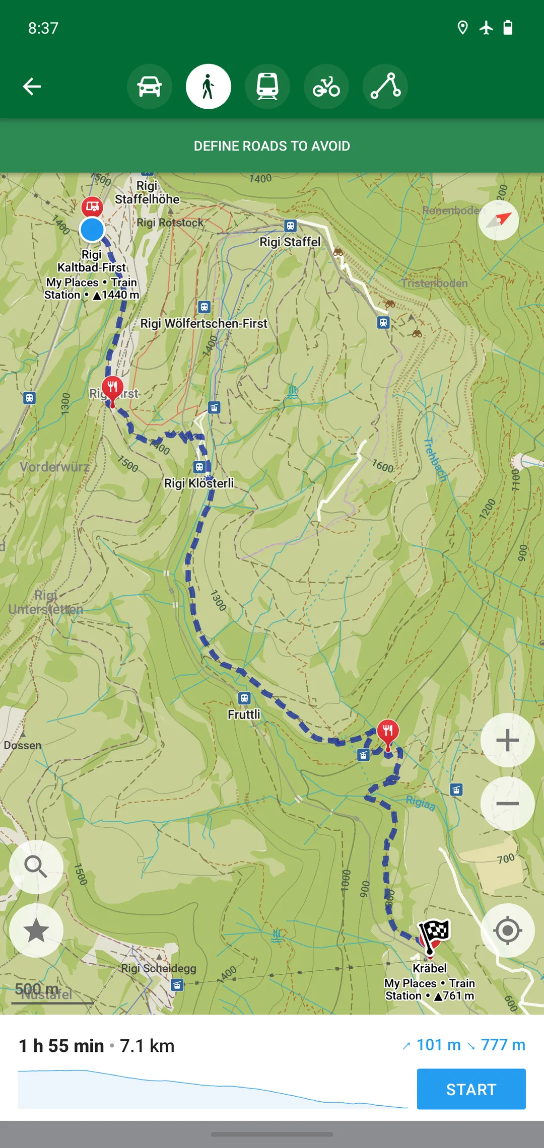 Organic Maps 顯示行山路線同地形資料嘅畫面