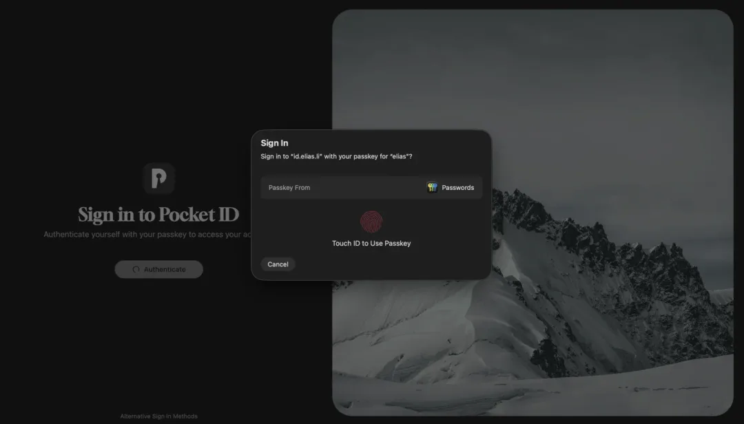 Pocket ID 官方頁面展示用 passkey 批准 OIDC 登入嘅畫面