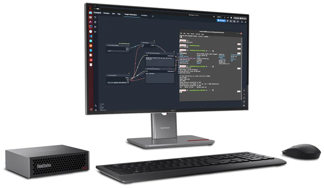 ThinkStation PGX 放喺顯示器、鍵盤同滑鼠旁邊,展示細小機身尺寸