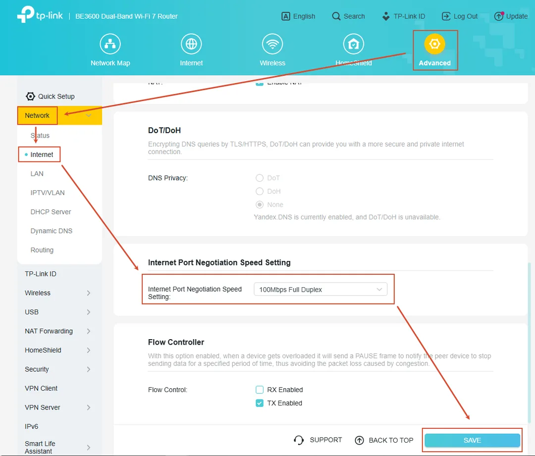 TP-Link router 管理頁入面嘅 Internet Port Negotiation Speed 設定,畫面揀咗 100Mbps Full Duplex