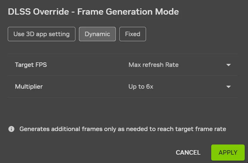NVIDIA App 入面設定 DLSS 4.5 Dynamic Multi Frame Generation 目標更新率