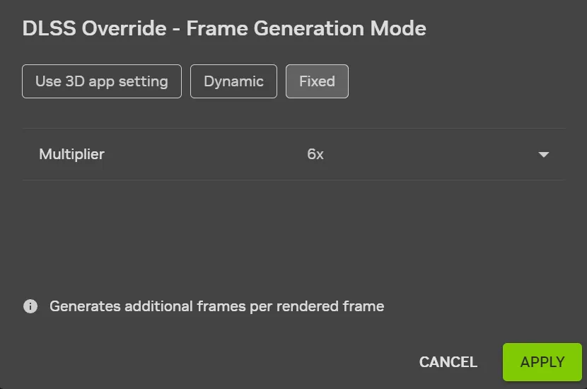NVIDIA App 嘅固定 Multi Frame Generation 倍數選項
