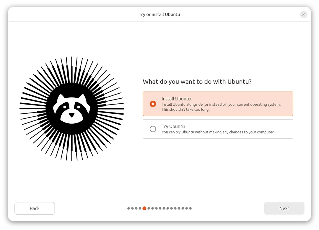 Ubuntu 安裝器提供試用同安裝系統兩個選項
