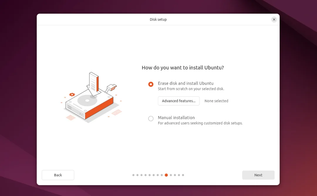Ubuntu 安裝器顯示安裝類型選擇畫面