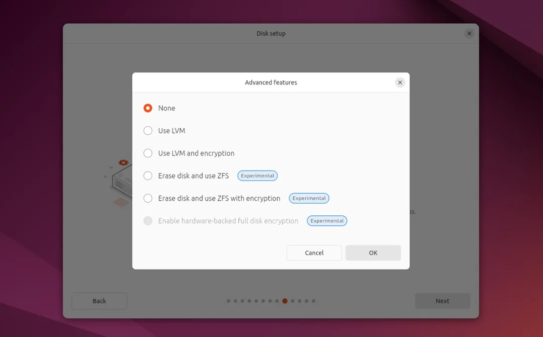 Ubuntu 安裝器內揀選磁碟加密功能嘅畫面