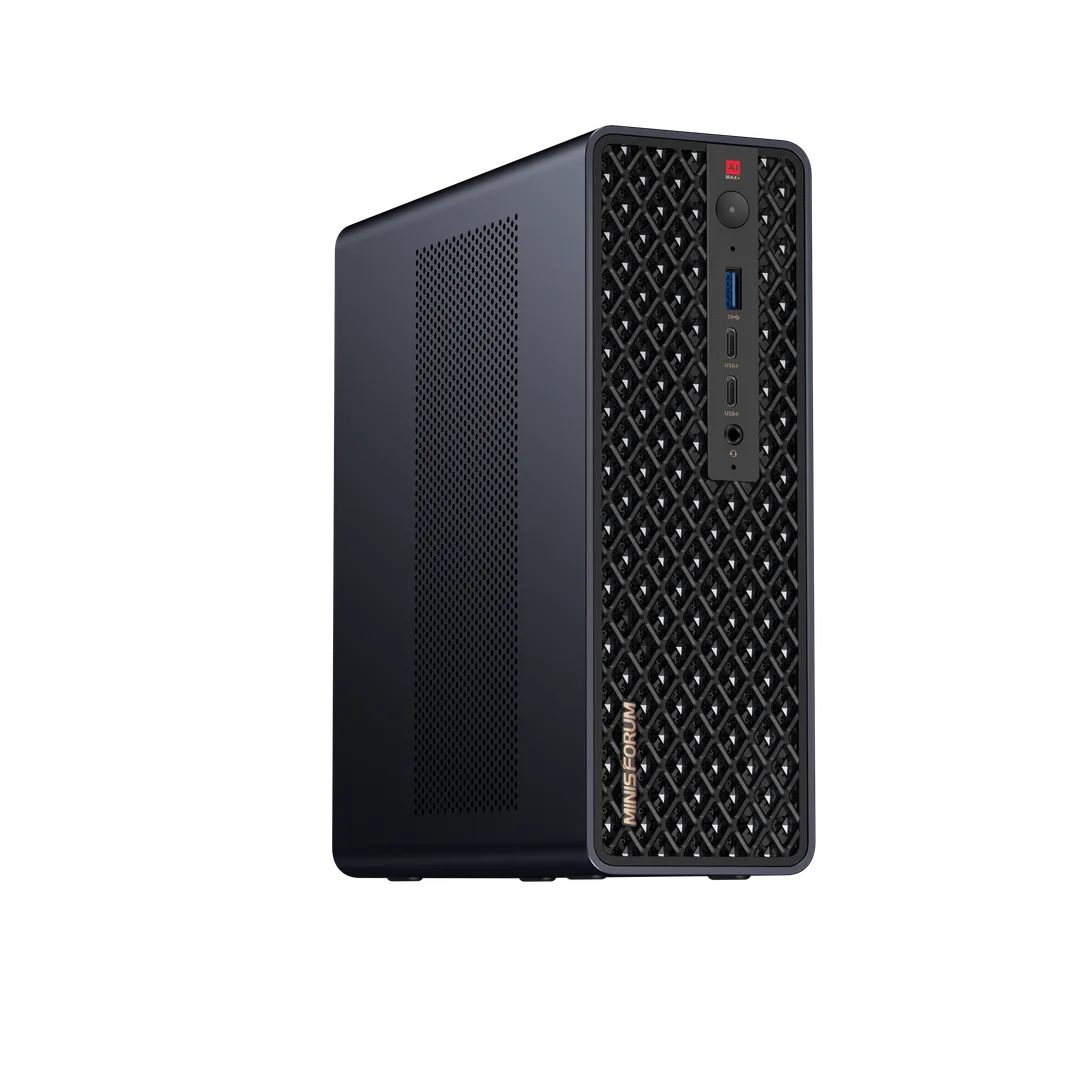 黑色 MINISFORUM MS-S1 Max 迷你工作站正面同側面產品圖