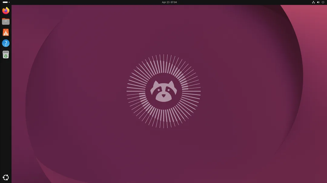 Ubuntu 26.04 LTS 桌面,中央係 Resolute Raccoon 浣熊圖案