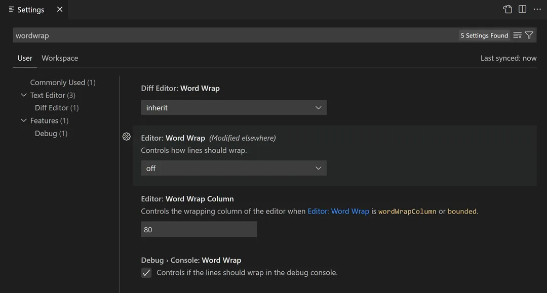 VS Code Settings 畫面用搜尋列篩選設定項目