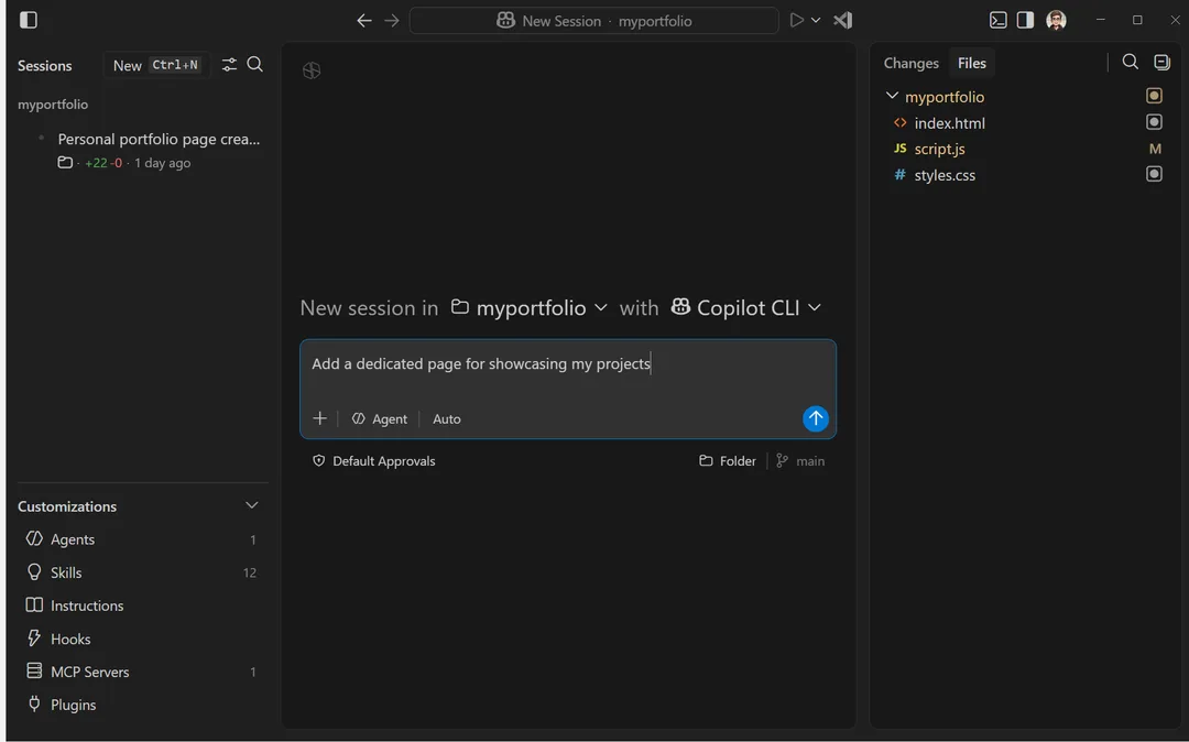 VS Code Agents window 顯示多個程式開發 agent session