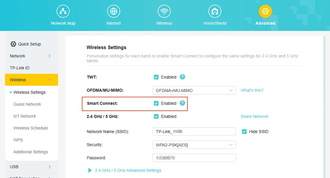 TP-Link router 管理頁入面嘅 Smart Connect 開關同 Wi‑Fi 名稱設定