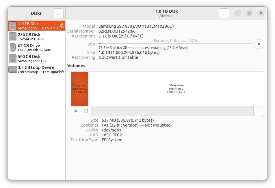 用 Ubuntu 磁碟工具將 Home Assistant OS 映像寫入內置硬碟