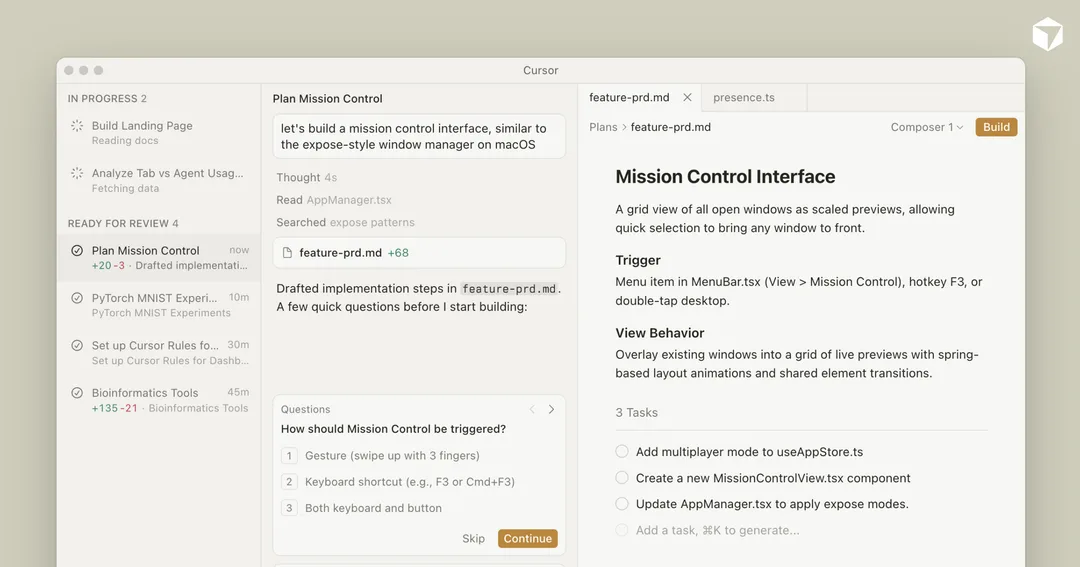 Cursor 官方產品頁展示 AI agent coding 介面