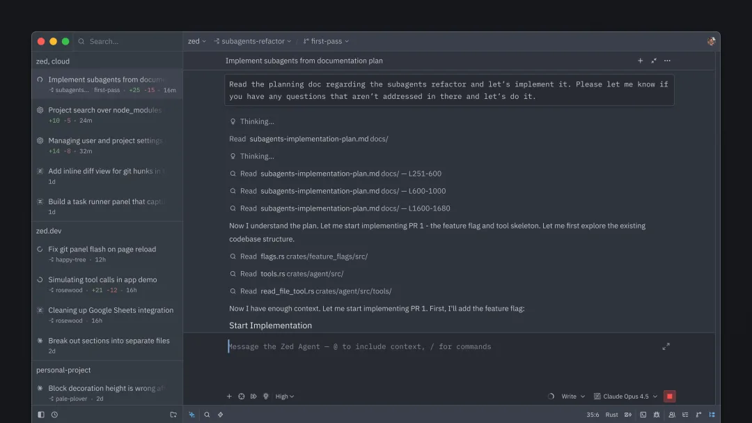 Zed 全畫面 Agent Panel 同 Threads Sidebar,左邊列出多條並行 agent thread
