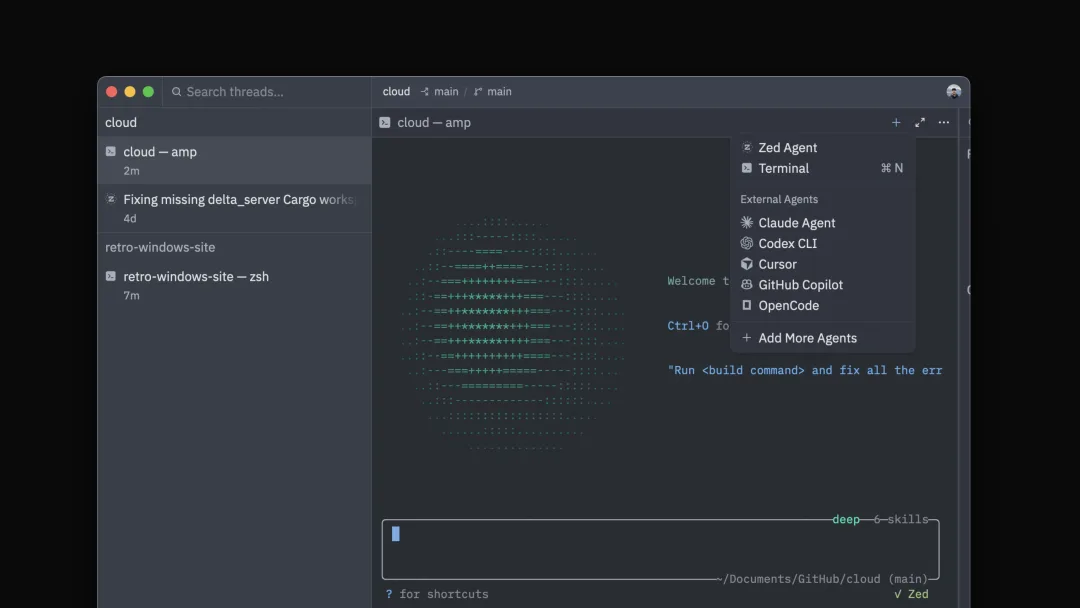 Zed 入面同時管理多條 Terminal Thread 嘅介面